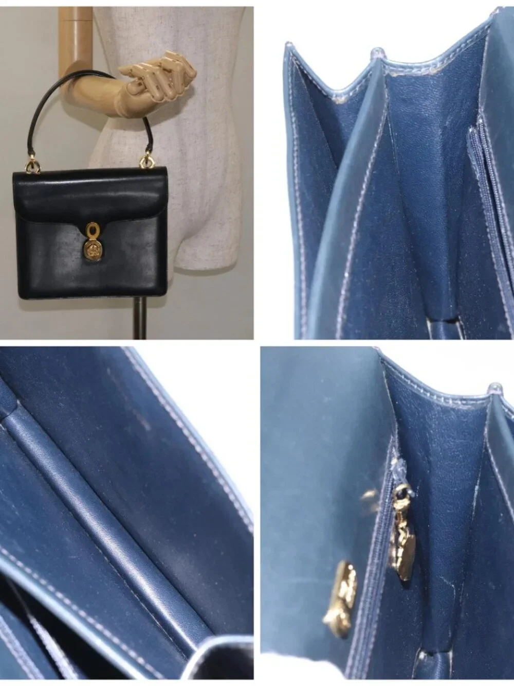 GUCCI Hand Bag Leather Navy Gold Auth - Picture 16 of 16